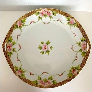 Antique Nippon Cake Plate Tan Border Pink Flower Garland Handles